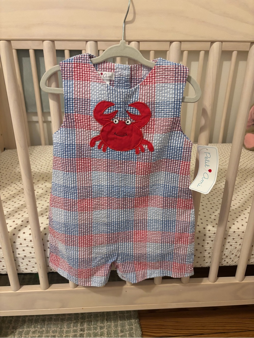 Petit Ami Blue and Red Plaid Crab Applique Romper